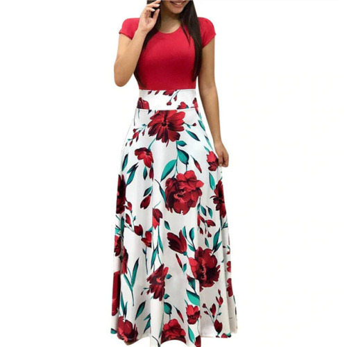 Women Summer Long Dress Floral Print Bohemian Beach Maxi Dress Casual Patchwork Short Sleeve Party Dresses Vestidos Verano 2019