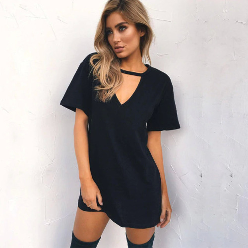 Women Tshirt Dress 2019 Choker V-neck Summer Dresses Short Sleeve Casual Sexy Halter Loose Boho Beach Dress Vestidos Plus Size