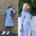 Women Vintage Sashes Blue Striped A-line Party Dress Three Quarter Sleeve Turn Down Collar Casual Dress 2019 Summer Women Dress