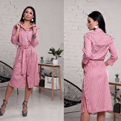 Women Vintage Striped Belt Party Dress Three Quarter Sleeve Turn Down Collar Pockets Dress 2019 Summer New Fashion Women Dress