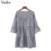 Women oversized pleated plaid dress summer elegant checkered flare sleeve loose casual sweet dresses vestidos QZ2821