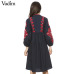 Women vintage floral embroidery dress drawstring tie tassels long sleeve Faldas festa casual brand loose retro dresses QZ2611