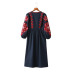 Women vintage floral embroidery dress drawstring tie tassels long sleeve Faldas festa casual brand loose retro dresses QZ2611