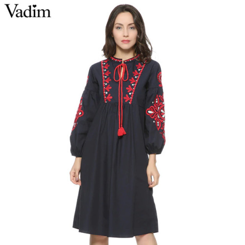 Women vintage floral embroidery dress drawstring tie tassels long sleeve Faldas festa casual brand loose retro dresses QZ2611