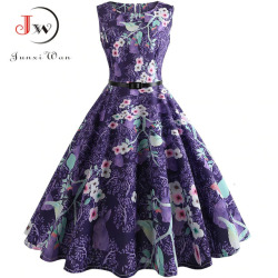 Womens Summer Dresses  Women Robe Elegant Vintage Retro Swing Rockabilly Dress High Waist Floral Runway Sundress Tunic