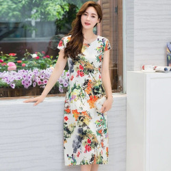 XL-5XL 2019 new women style Loose clothes Comfortable Cotton Print Round Neck Short Sleeve Plus Size 5XL Beach long Dress