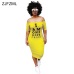 ZJFZML Plus Size Casual Bodycon Dress Women Cold Shoulder Letter Printed Package Hip Dress Autumn Slash Neck Short Sleeve Dress