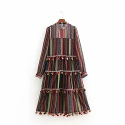 women vintage o neck fur ball splicing colorful striped long dress female chic vestidos casual slim brand party dresses DS1244