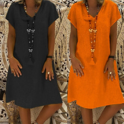 women's dresses large sizes Cotton and Linen summer casual beach V-Neck Feminino Vestido Casual Plus Size Ladies Dress L0326