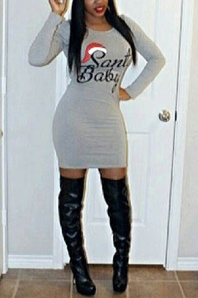 Casual O Neck Long Sleeves Letters Print Grey Cotton Blend Sheath Mini Dress