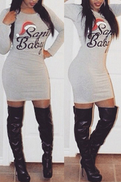 Casual O Neck Long Sleeves Letters Print Grey Cotton Blend Sheath Mini Dress