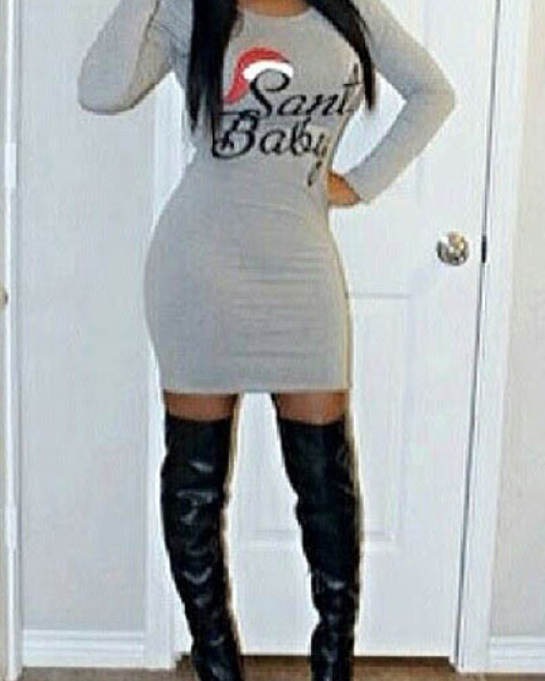 Casual O Neck Long Sleeves Letters Print Grey Cotton Blend Sheath Mini Dress Casual O Neck Long Sleeves Letters Print Grey Cotton Blend Sheath Mini Dress