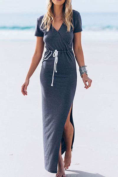 Casual V Neck Short Sleeves Elastic Waist Split Grey Ankle Length Dress