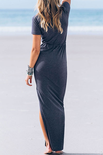 Casual V Neck Short Sleeves Elastic Waist Split Grey Ankle Length Dress