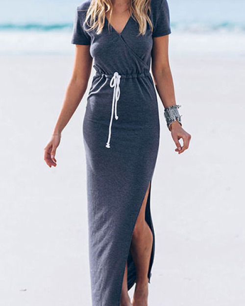 Casual V Neck Short Sleeves Elastic Waist Split Grey Ankle Length Dress Casual V Neck Short Sleeves Elastic Waist Split Grey Ankle Length Dress