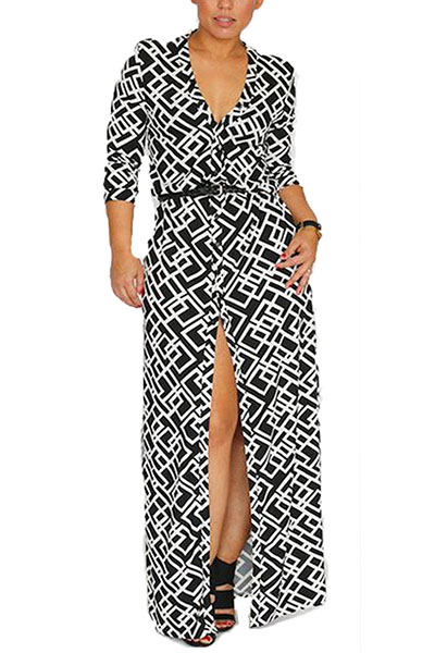 Fashion V Neck Half Sleeves  Polyester Ankle Length Women Dress