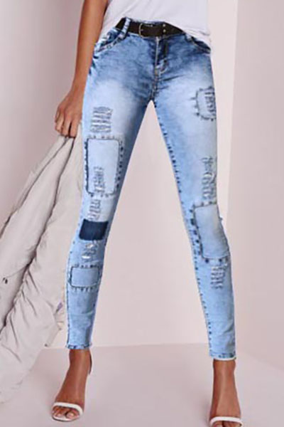 Stylish Mid Waist Elasticity Broken Holes Design Blue Cotton Skinny Pants