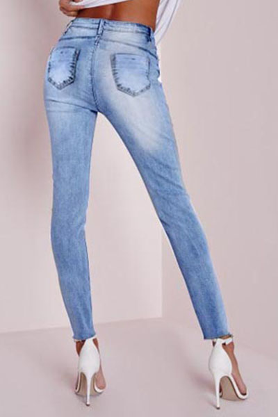 Stylish Mid Waist Elasticity Broken Holes Design Blue Cotton Skinny Pants