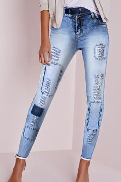 Stylish Mid Waist Elasticity Broken Holes Design Blue Cotton Skinny Pants