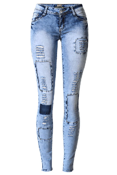 Stylish Mid Waist Elasticity Broken Holes Design Blue Cotton Skinny Pants
