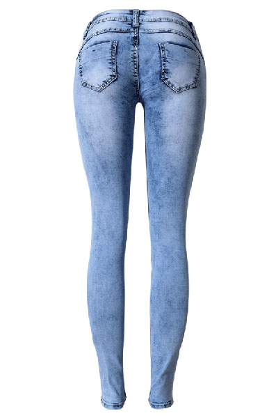 Stylish Mid Waist Elasticity Broken Holes Design Blue Cotton Skinny Pants