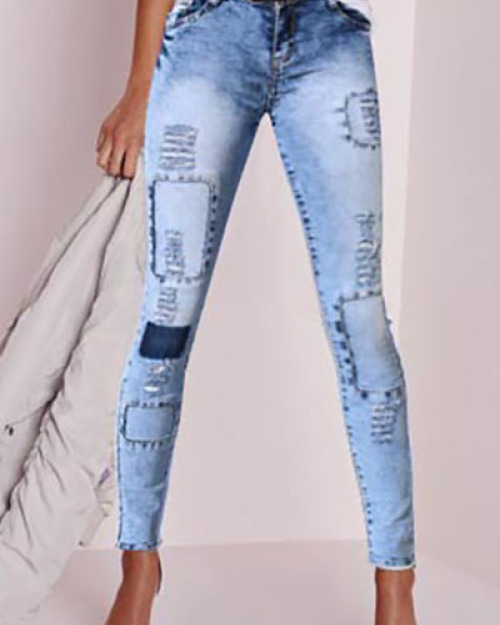 Stylish Mid Waist Elasticity Broken Holes Design Blue Cotton Skinny Pants Stylish Mid Waist Elasticity Broken Holes Design Blue Cotton Skinny Pants