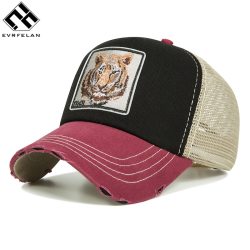 Evrfelan Summer Breathable Mesh Baseball Cap Women&Men Snapback Trucker Hat Tiger Cat Embroidery Hip Hop Casquette Animals bone