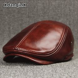 XdanqinX Men's Winter Hat Thicker Warm Cowhide Leather Berets With Ears Snapback Brands Fashion Tongue Cap Male Bone Dad's Hats