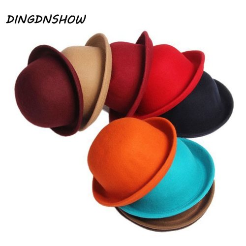 DINGDNSHOW 2019 Fashion Winter Hat Fedora Vintage Lady Cute Children Trendy Wool Felt Bowler Derby Floppy Hats For Girl and Boy