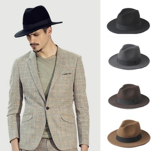 Fashion 100% Wool Wide Brim Winter Autumn Men Felt Trilby Fedora Hat For Gentleman Top Cloche Panama Sombrero Cap 58CM