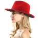 QIUBOSS Black Red Patchwork Wool Felt Jazz Fedora Hats Belt Buckle Decor Women Unisex Wide Brim Panama Trilby Cowboy Cap Sunhat