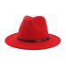 QIUBOSS Black Red Patchwork Wool Felt Jazz Fedora Hats Belt Buckle Decor Women Unisex Wide Brim Panama Trilby Cowboy Cap Sunhat