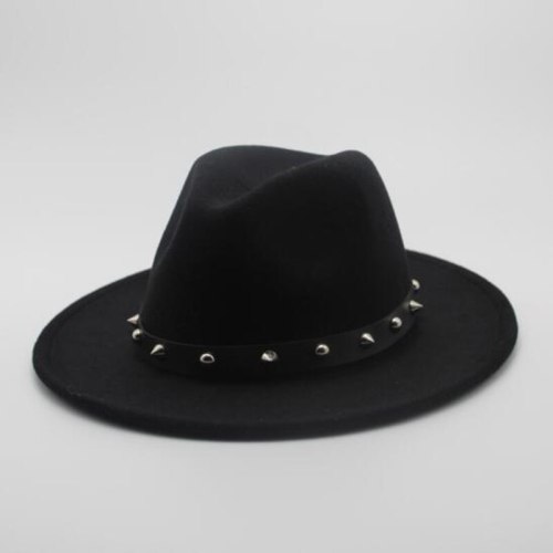 Women Men Wool Fedora Hat With Punk Rivet Ribbon Elegant Lady Dad Winter Autumn Wide Brim Jazz Church Godfather Sombrero Caps