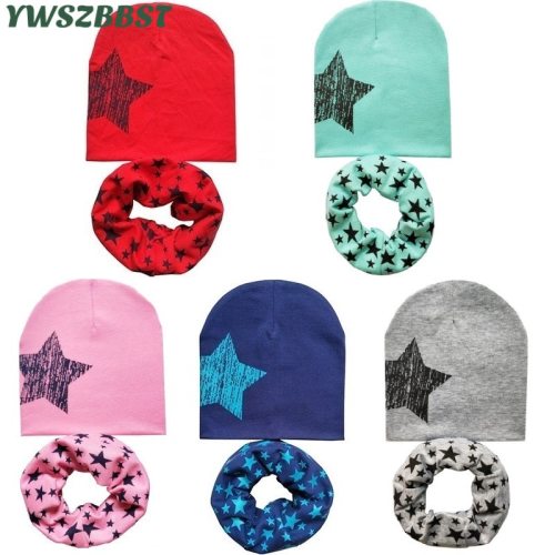 Autumn Winter Children Beanies Cap Scarf Cotton Baby Hat Star Print Boys Girls Child Toddler Skullies Cap Crochet Kids Hat Scarf