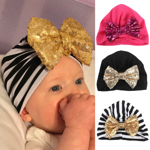 Baby Soft Cotton Hat Caps Glitter Sequins Big Bow Beanies Hats For Boys Girls Toddler Children Warm Cap Accessories