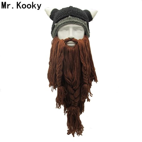 Mr.Kooky Men's Barbarian Vagabond Viking Beard Beanie Horn Hats Handmade Winter Warm Birthday Cool Gifts Funny Gag Halloween Cap