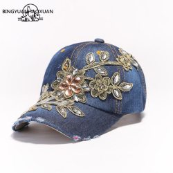 BINGYUANHAOXUAN Vintage Luxury Rhinestones Woman Cowboy Baseball Cap Flower Pattern Gorras Female High Quality Glass Diamond Hat