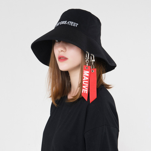 Fashion personality female ribbon letter basin cap Autumn and winter new flat top big brim bucket hats