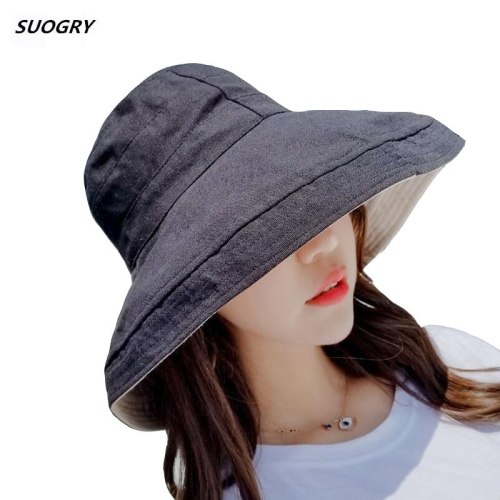 SUOGRY Sun Hat Anti-UV Cotton Summer Hat For Women Vacation Wide Brim Beach Hat Foldable Bucket Hat large Brim Cap 5 Color