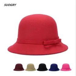 2015 Vogue Ladies Women Girls Vintage Wool Felt Bowler Derby Fedora Trilby Bowknot Fedoras Hat Cap For Woman