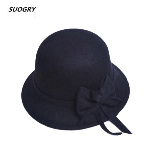 Elegant Women Round Bowler Cap Imitation Wool Bowknot Fedoras Cotton Church Cloche Bucket Hat Vintage Brim Chapeu Feminino