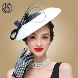 FS Fascinators Black And White Weddings Pillbox Hat For Women Straw Fedora Vintage Ladies Church Dress Sinamay Derby Hats