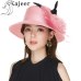 Kajeer Elegant Women Summer Autumn Bucket Hats Female Big Feather Mesh Decorate Bowler Church Hat Pink Net Yarn Hats Cap UV rays