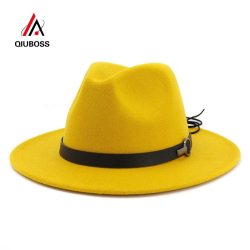 QIUBOSS Women Wide Brim Wool Felt Jazz Fedora Hats Panama Style Ladies Trilby Gambler Hat Fashion Party Cowboy Sunshade Cap