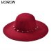 VORON Free Shipping 2017 New Fashion Wine Red /Red /Black Wool Floppy Hats With Studs Big Brim For Women /Ladies