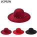 VORON Free Shipping 2017 New Fashion Wine Red /Red /Black Wool Floppy Hats With Studs Big Brim For Women /Ladies