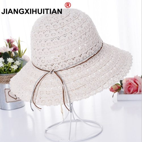 2017 summer fashion Foldable Cotton Beach bow sun hats for Women Fashion Design Women Beach Sun Hat Foldable Brimmed Straw Hat