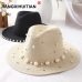 2018 New Spring Summer Hats For Women Flower Beads Wide Brimmed Jazz Panama Hat Sun Visor Beach Hat Flower Pearl rivet Straw Hat