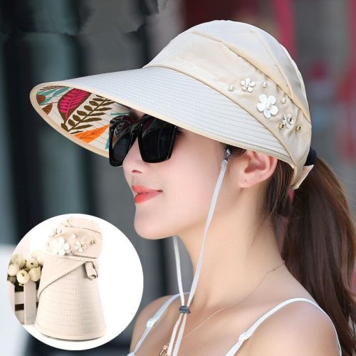 2019 Hot 1pcs Women Summer Sun Hats Pearl Packable Sun Visor Hat With Big Heads Wide Brim Beach Hat Uv Protection Female Cap