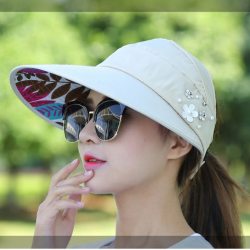 2019 New Foldable women summer beach Sun Hats pearl packable Adult sun visor hat big heads wide brim UV protection female cap